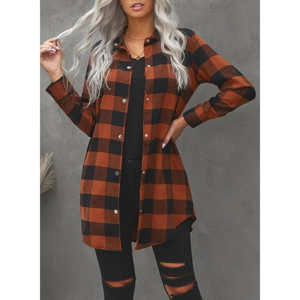 Versatile Color Block Plaid Shacket Jacket For Wo… - image 2